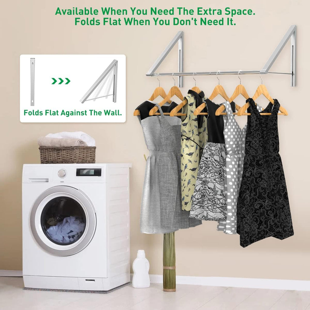 Laundry Room Drying Rack Wall Mounted Clothes Hanger Folding Wall Coat Racks Aluminum Home Storage Organiser Space Savers Silver 2 Rakcs with Rod
