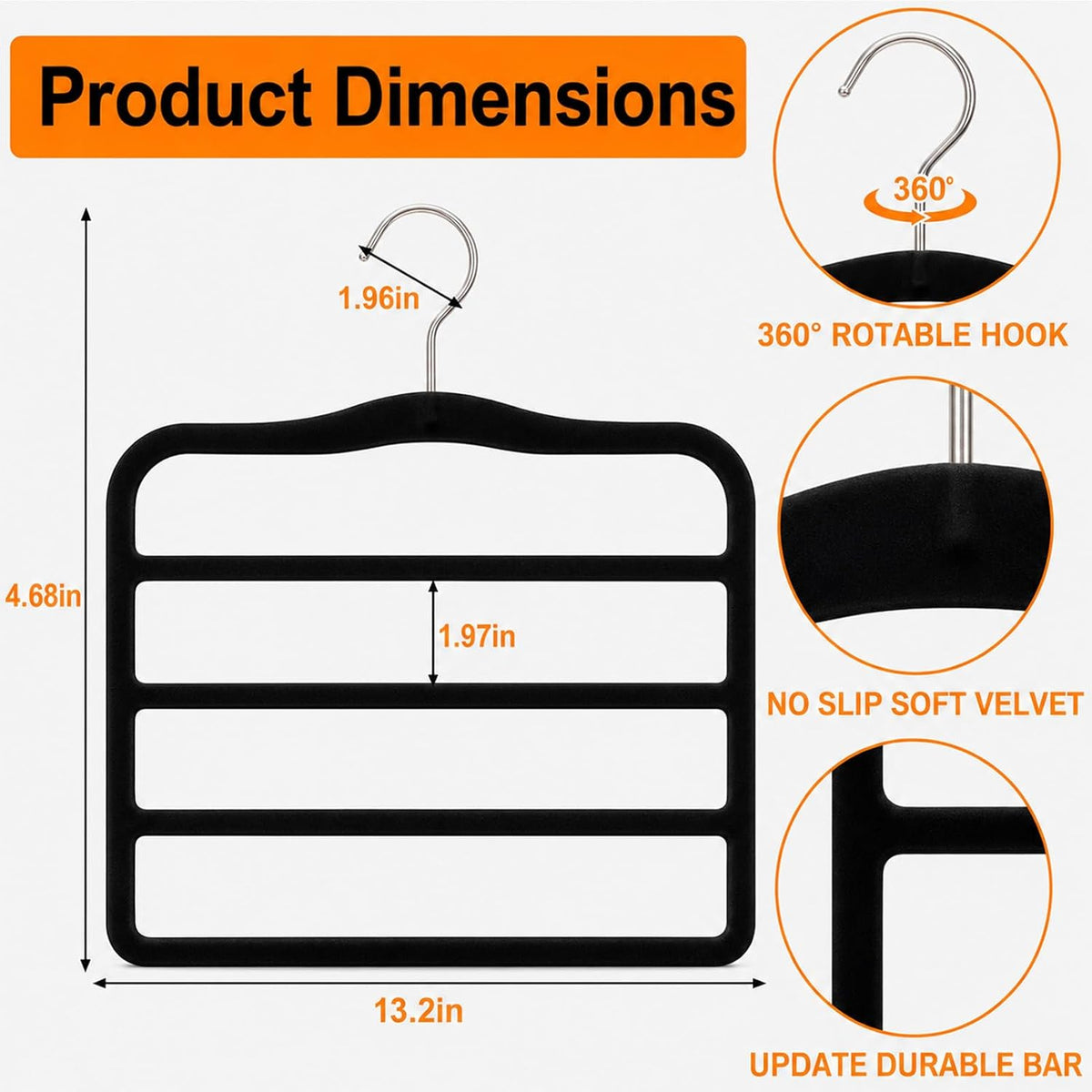 Velvet Pants Hangers Space Saving, Multi-Tier Closet Organizers for Jeans Trousers Skirts Scarves, Non-Slip Vertical Storage for College Dorm & Apartment Essentials (4 Pack-Black)