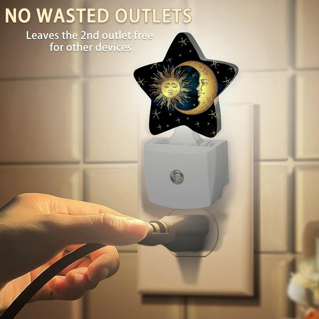 Celestial Moon Golden Sun Night Light Plug-in Dusk to Dawn Smart Sensor White Led Nightlight for Bedroom Bathroom Kitchen Hallway Stairs Energy Efficient Decor Desk Lamp