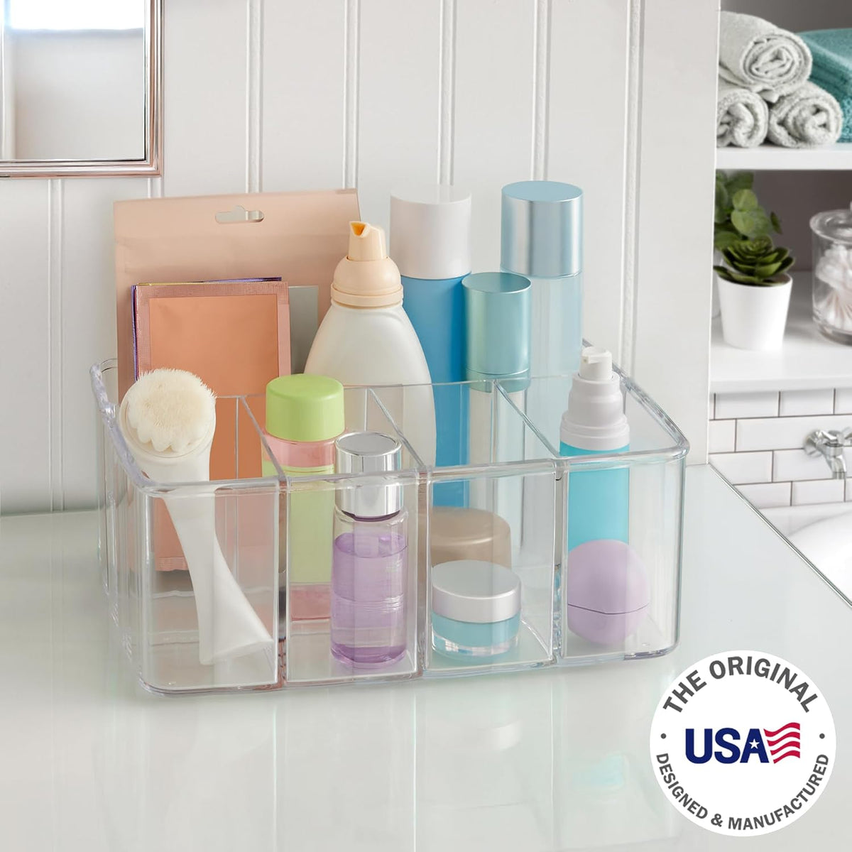 STORi 5-Compartment Clear Plastic Organizer | Rectangular Divided Makeup and Vanity Storage Bin and Office Desk Caddy | Scalloped Wall Design | Made in USA