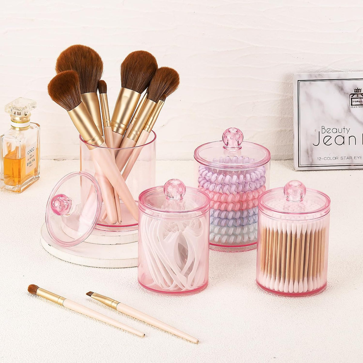 Tbestmax 12 oz & 10 oz Qtip Holder - 4 Pack Restroom Bathroom Organizers and Storage Containers, Pink Plastic Apothecary Jars with Lids for Cotton Swab, Cotton Round Pads, Floss
