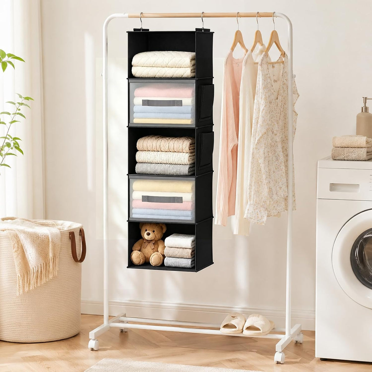 5-Layer Suspended Fabric Shelf Organizer, Equipped with 2 Sturdy Hooks, 2 Separate Drawers, and Foldable Hanging Storage (Black)