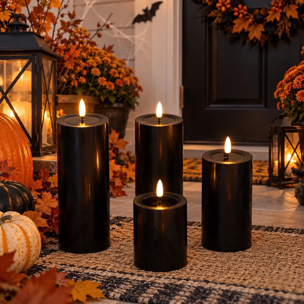 Lezonic Black Flameless Candles with Remote, LED Battery Operated Flickering with Timer, 4 Pack Glossy Wax Drips Design Real Wax Pillar for Halloween Decor, Centerpiece, Birthday Gifts (4/5/6/8 Inch)
