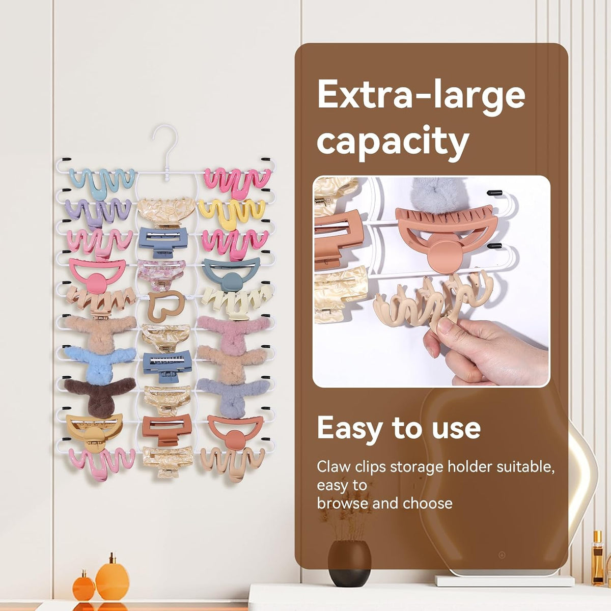 SNOWSTAR Hair Claw Clip Holder Organizer with 360 Swivel Hook，10-Tier Hanging Hair Clip Holder and Storage for Women Girls,Large Capacity Claw Clips Organizer for Wall,Door,Closet (White)