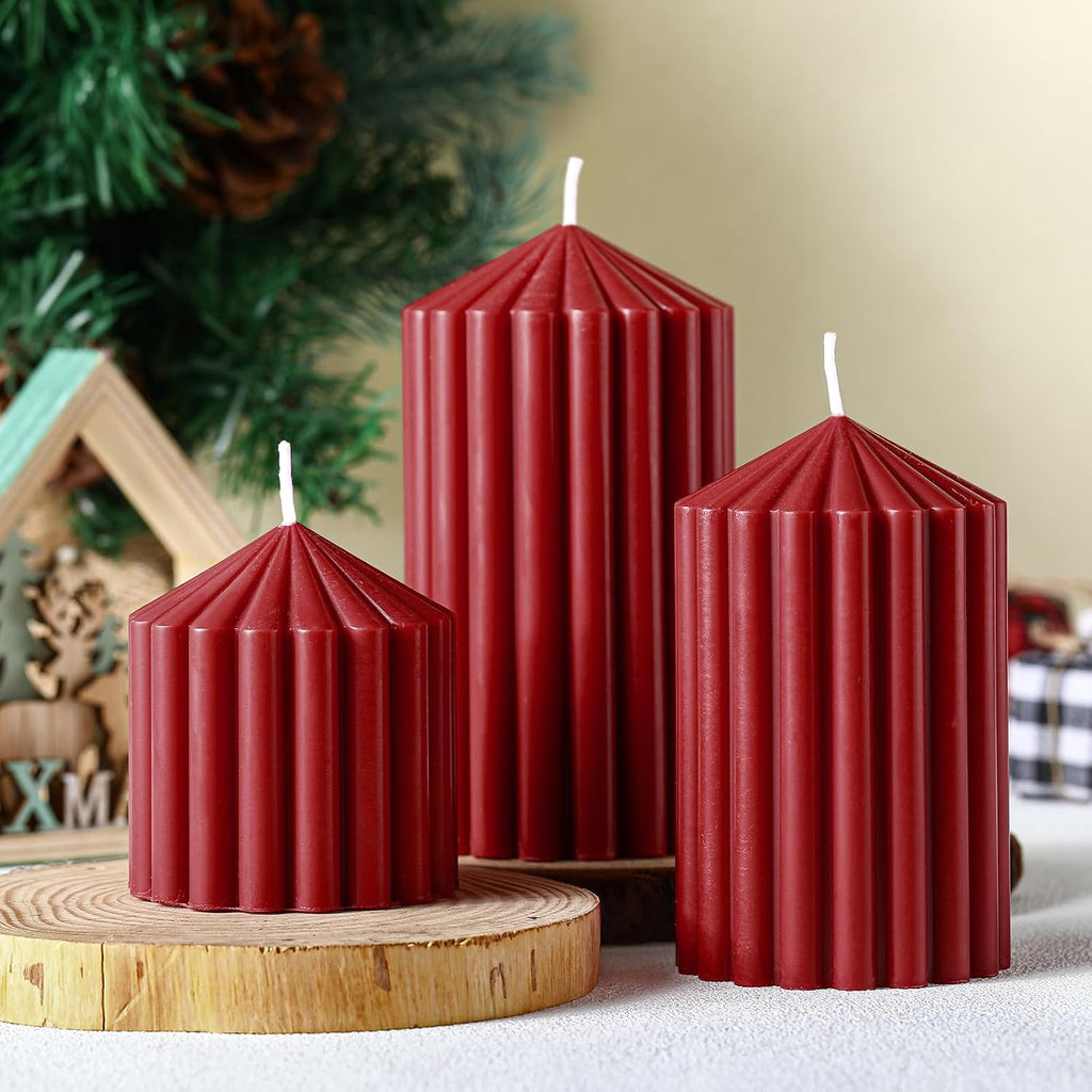 Set of 3 Christmas Ribbed Pillar Candles Soy Wax, 3 Heights, Dark Red