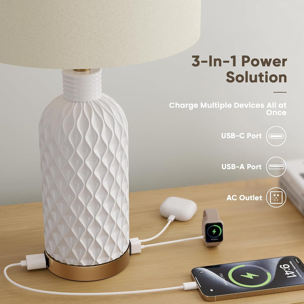 SIBRILLE 25" Ceramic Table Lamps Set of 2, White, USB-C/USB-A & AC Outlet