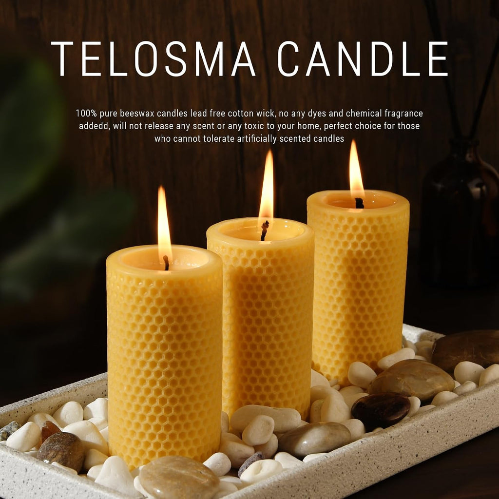 2 inch Wide Natural Yellow Honeycomb Beeswax Pillar Candles, 4-Pack