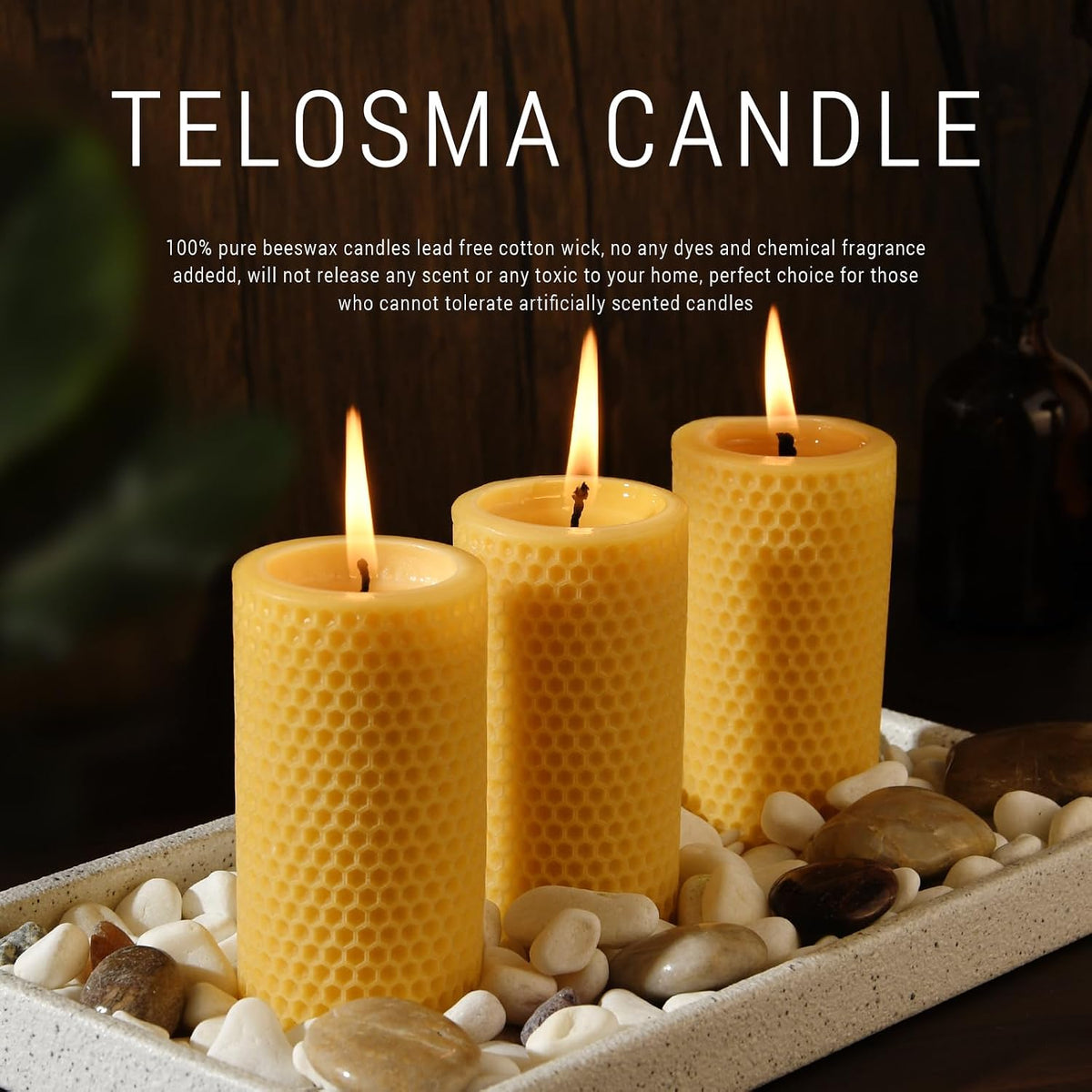2 inch Wide Natural Yellow Honeycomb Beeswax Pillar Candles, 4-Pack