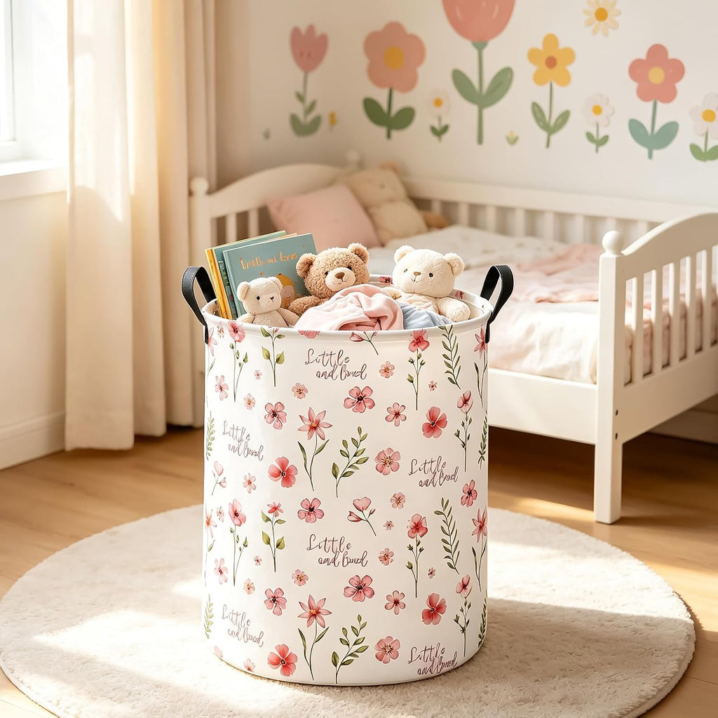 Round Laundry Hamper Large Canvas Fabric Storage Basket Pink Floral
