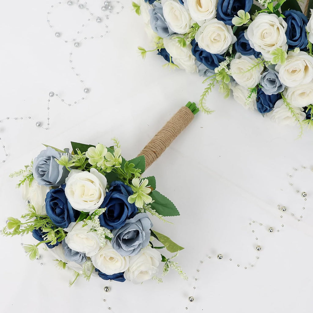 Bridesmaid Bouquets for Wedding - 7 Inch Artificial Flower Bouquet for Party Ceremony Anniversary Dinning Table Centerpieces Decor -Navy Blue & Dusty Blue & White