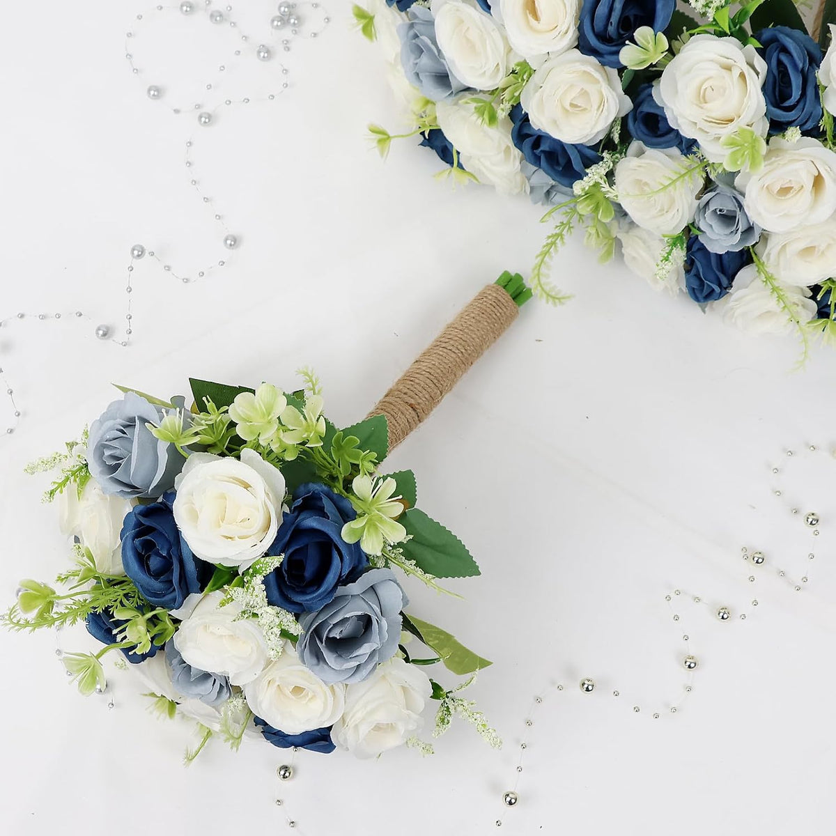 Bridesmaid Bouquets for Wedding - 7 Inch Artificial Flower Bouquet for Party Ceremony Anniversary Dinning Table Centerpieces Decor -Navy Blue & Dusty Blue & White