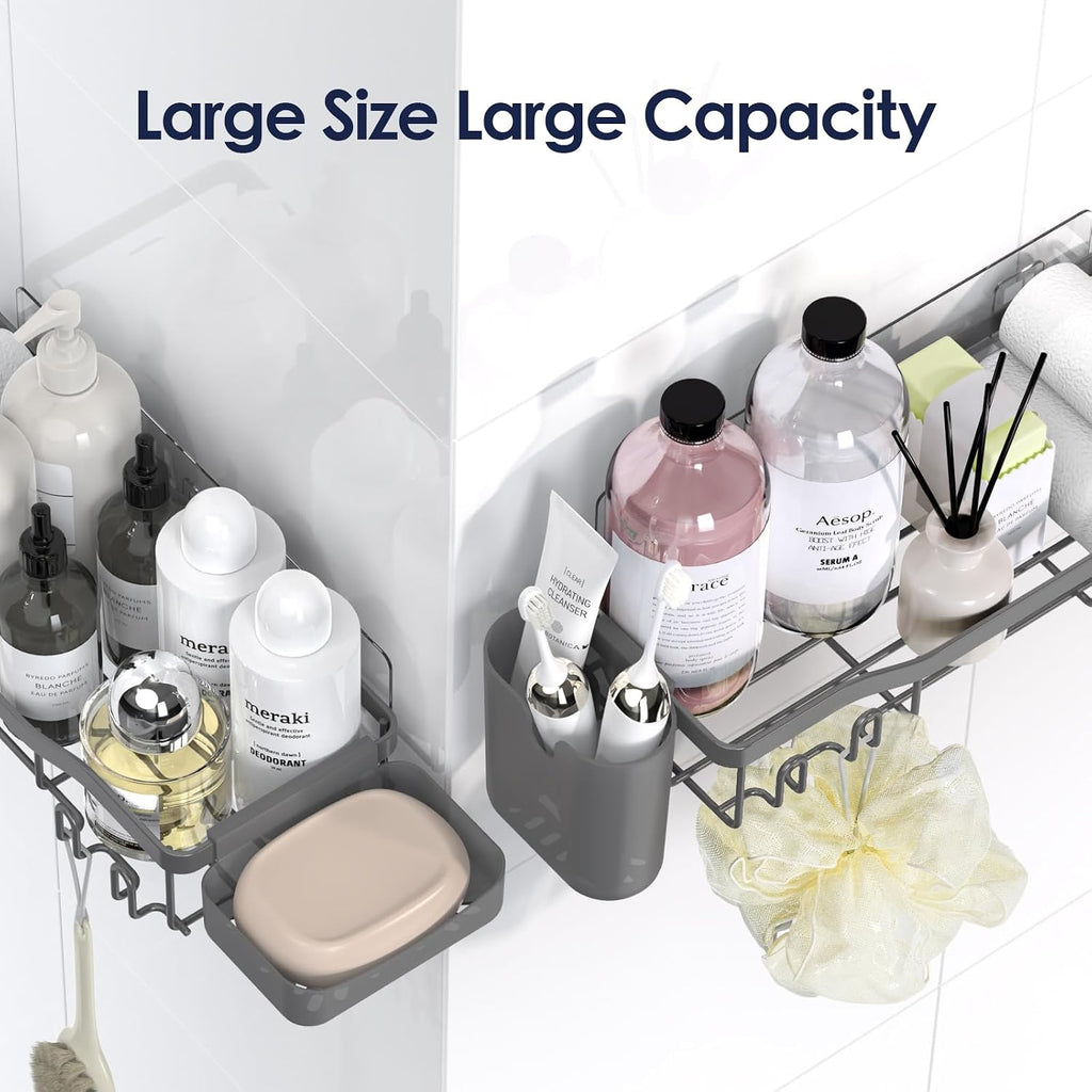 NESOMI Shower Caddy Adhesive Shower Organizer 7-Pack, Rustproof Stainless Steel Bathroom Shelves, Large Capacity No-Drill Rack Storage Accessories with Soap Dish Toothbrush Holder Hooks