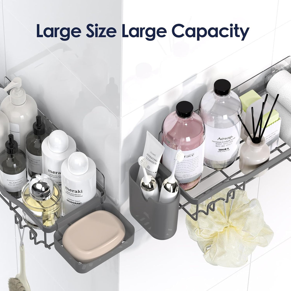 NESOMI Shower Caddy Adhesive Shower Organizer 7-Pack, Rustproof Stainless Steel Bathroom Shelves, Large Capacity No-Drill Rack Storage Accessories with Soap Dish Toothbrush Holder Hooks
