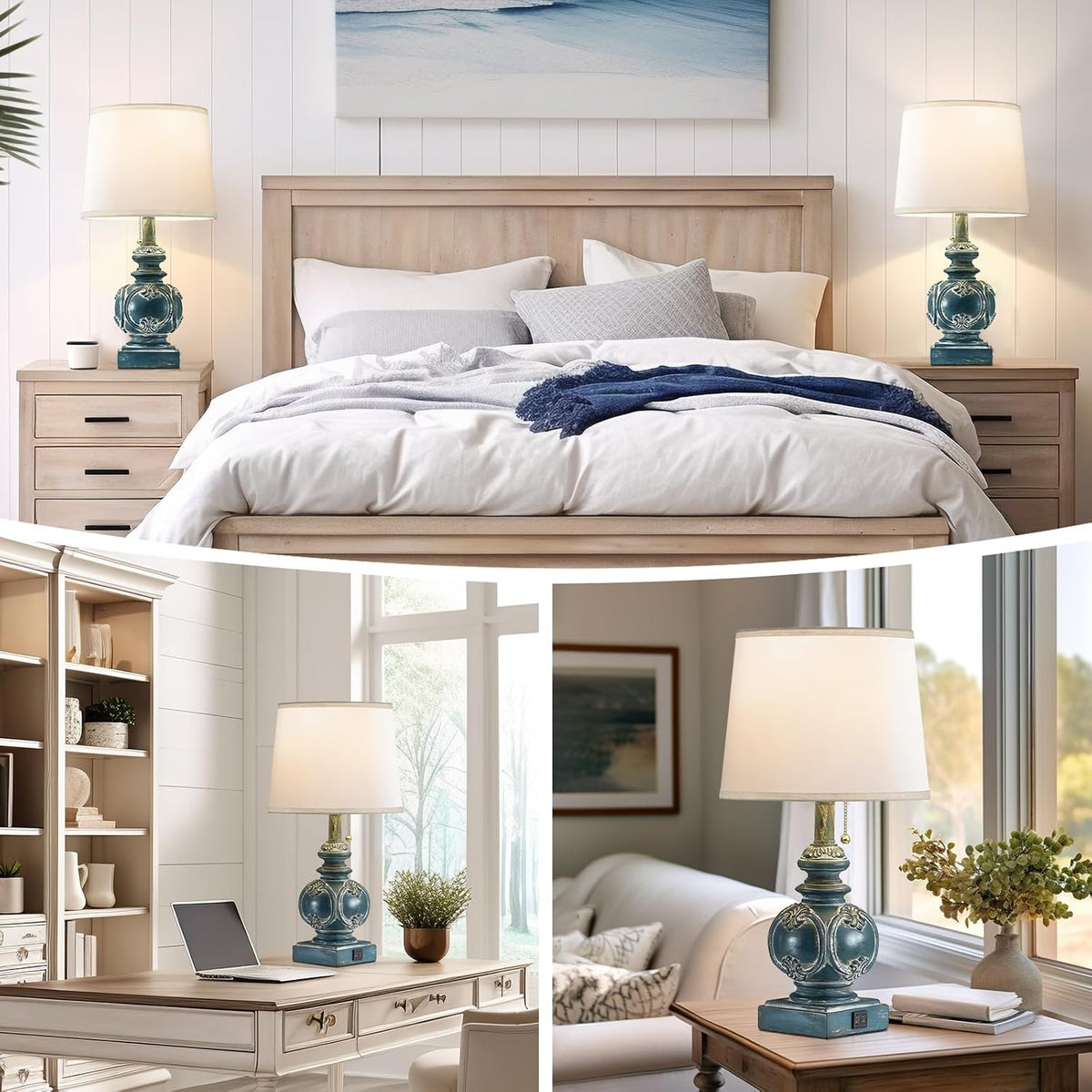 20.75" Farmhouse Table Lamps for Bedroom Set of 2, Rustic Bedside Lamps with 2 USB Port, Retro side table lamp Antique Nightstand Lamp for Living Room End Table Office Country, Traditional Washed Blue