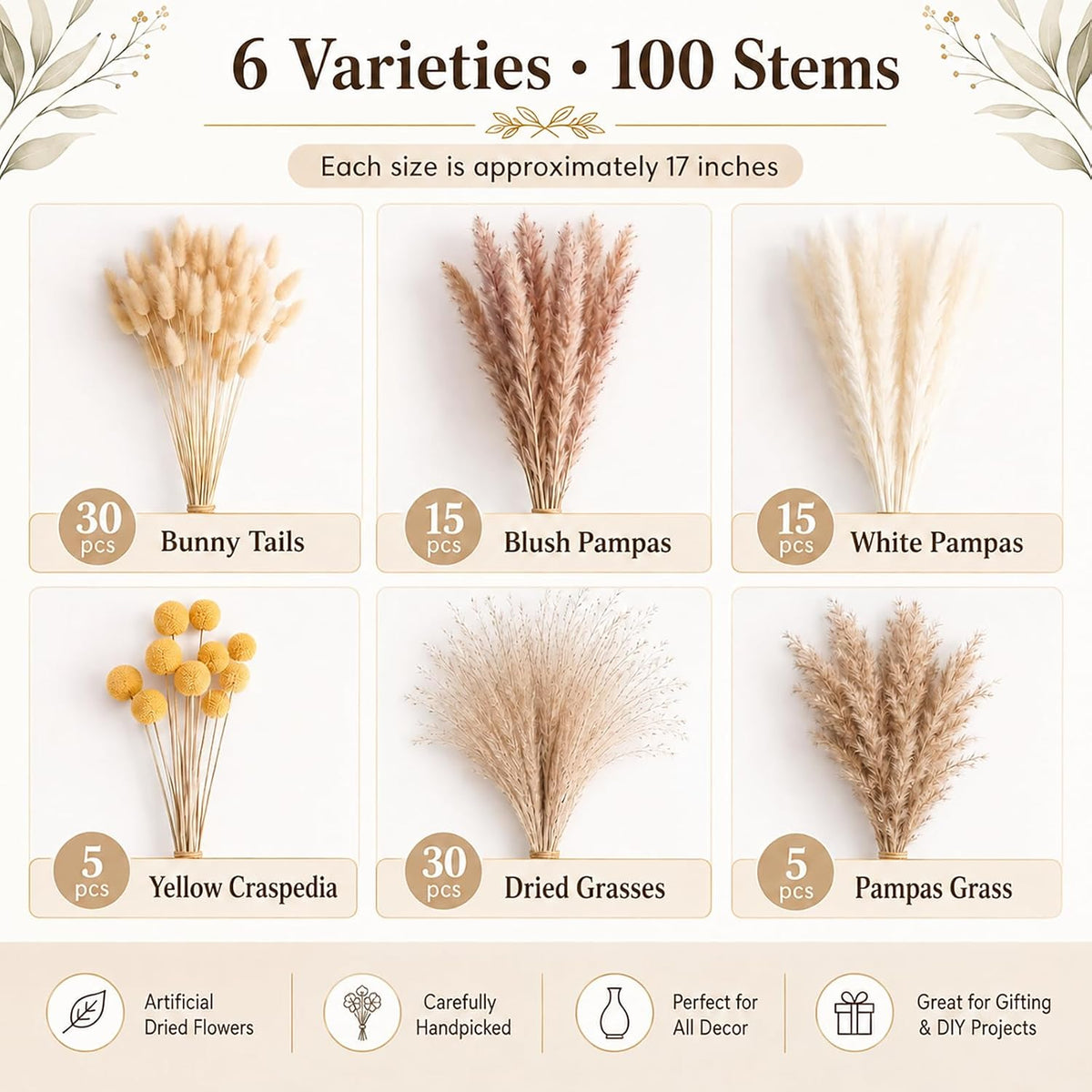 17 Inch Natural Dried Flower Boho Dried Pampas Grass for Home Decor Dried Flowers Bouquet for Farmhouse Table Centerpiece Wedding Party & Living Room Vase Filler Decor
