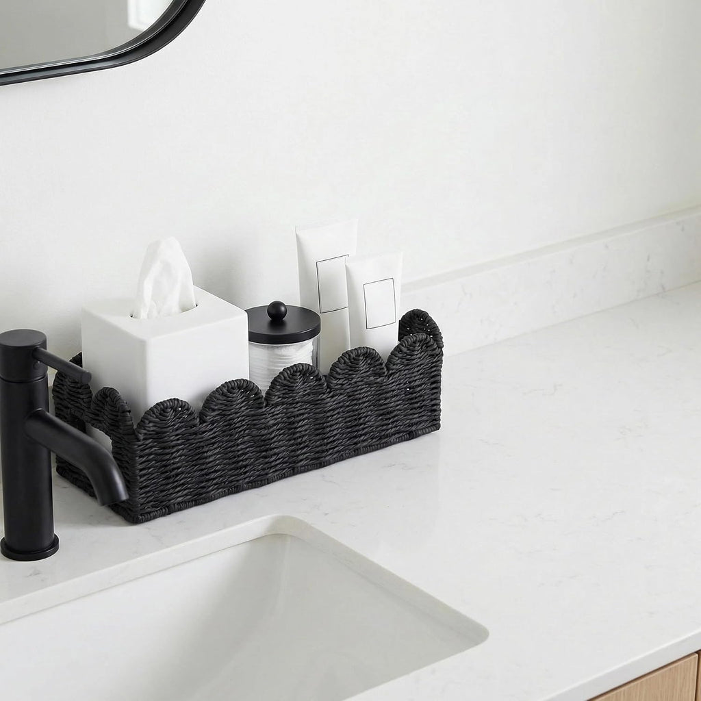 Black Scalloped Basket, Toilet Tank Tray, Back of Toilet