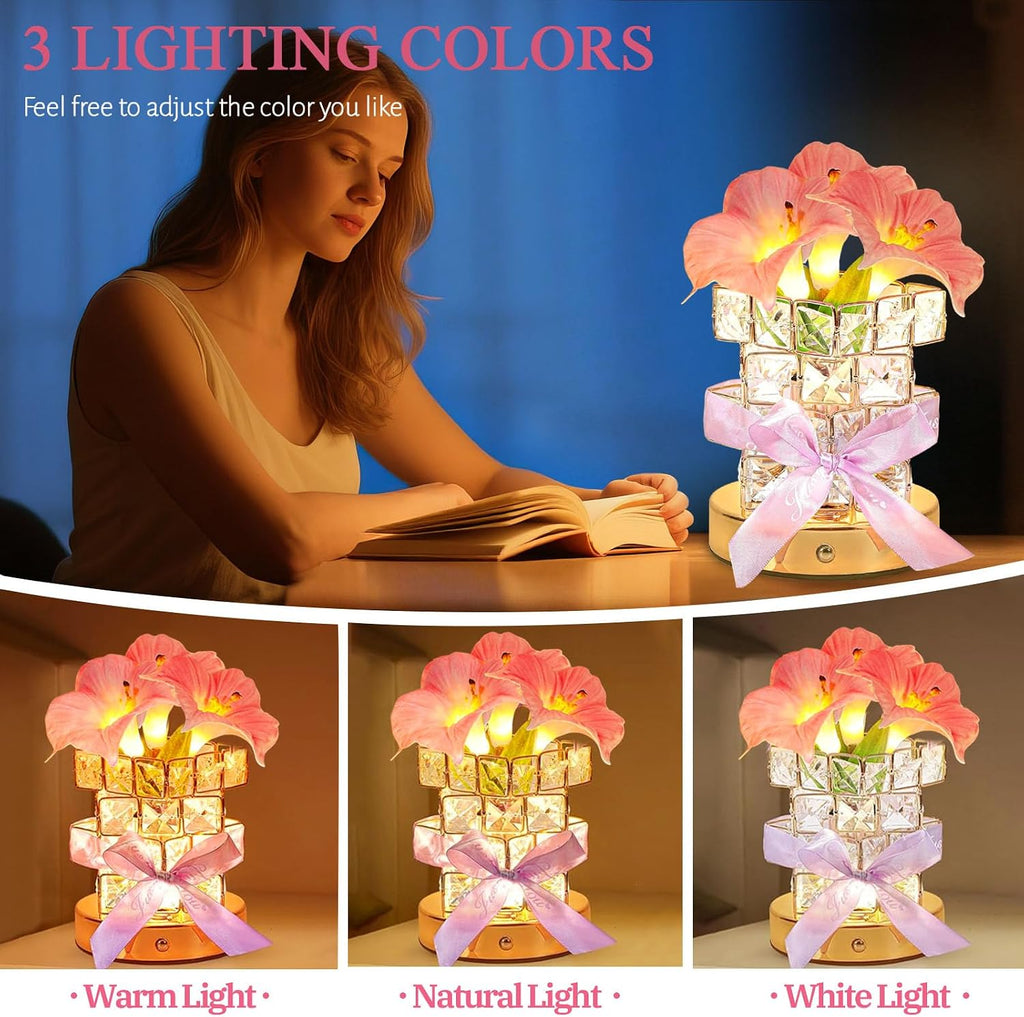 Flower Table Lamps, Rechargeable Cordless Crystal Night Light, 3 Colors Touch Dimming Artificial Flower Light, LED Flowers Bedside Lamp Romantic Gifts for Girl Women Mom (MF Morning Glory-Pink)