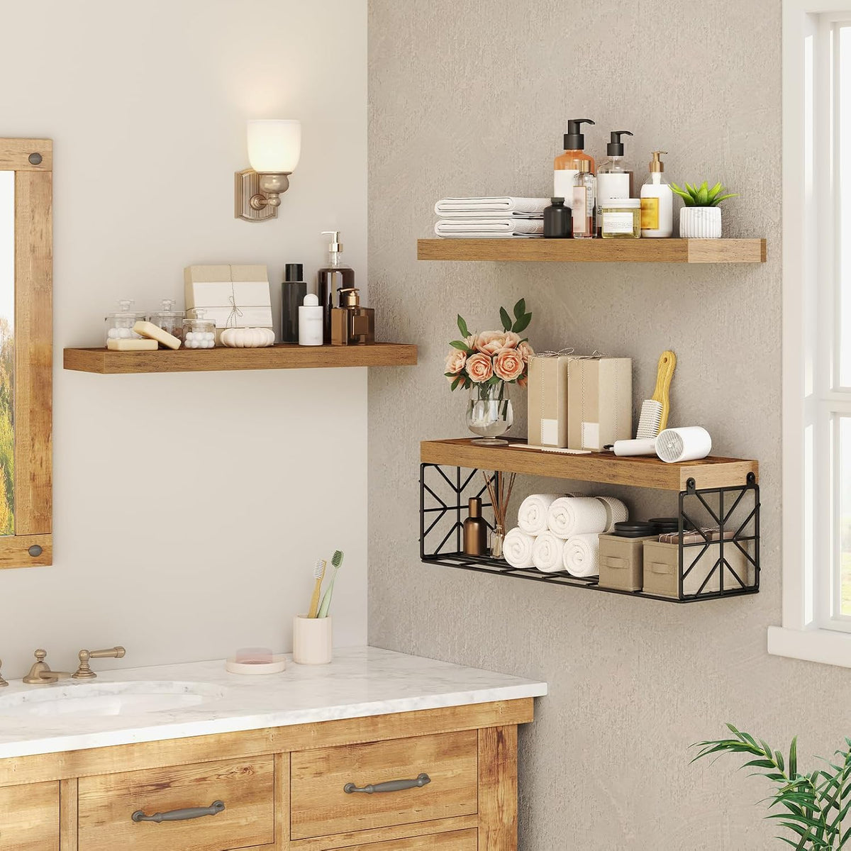 RALGEND Floating Shelves for Wall, 23.6" Wall Mounted Shelves Set of 3, 1.5" Thick Hanging Shelf Storage, Farmhouse Decor for Bathroom, Toilet, Bedroom, Living Room, Kitchen, Rustic Brown 6001BJBF