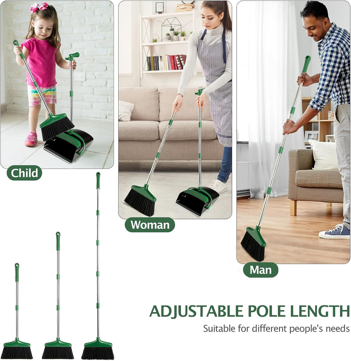 Broom and Dustpan Set with Long Handle, Light Weight Stainless Steel Poles Stand Upright Dustpans with Broom Combo for Home Kitchen Office Pet Dog Hair, 1-Pack(Black Green)