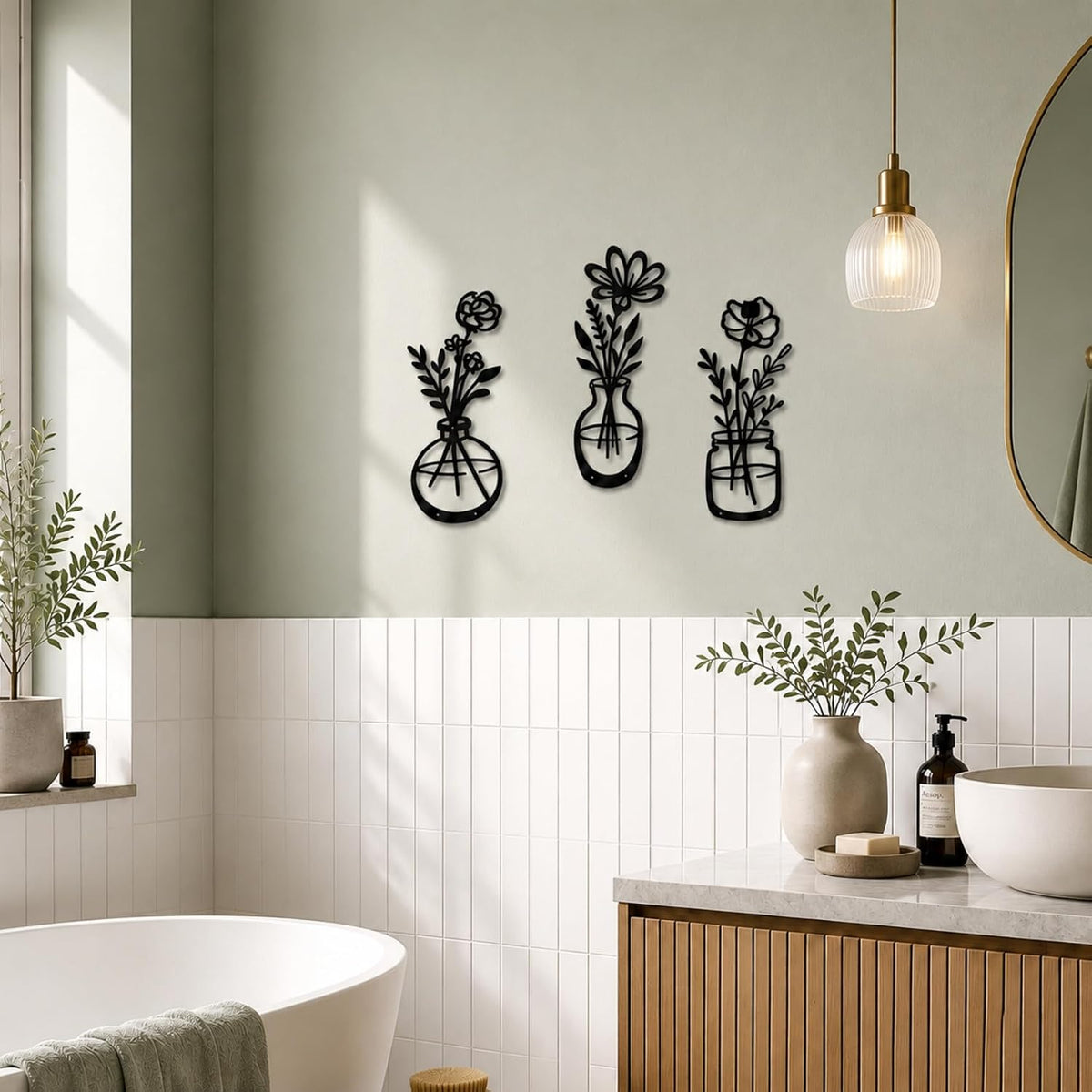 qzmaikoo 3 Pieces Black Metal Flower Wall Decor, Floral Vase Wall Art, Farmhouse Metal Wall Hanging for Bathroom Kitchen Bedroom Hallway