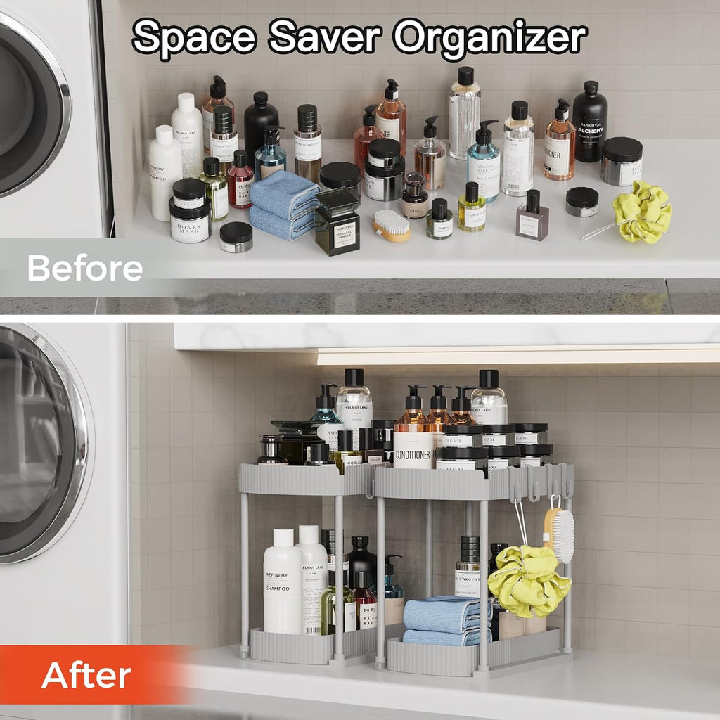 2 Packs Under Sink Pull-Out Storage Organizers, 12.8 Inches, Grey