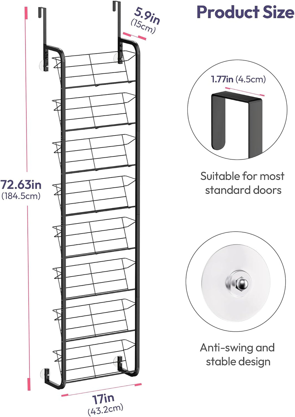 SWTYMIKI Over the Door Shoe Organizer - 8 Tier Wall Mount Shoe Rack for Door Storage- Heavy Duty Metal Hanging Shoes Shelf for Flats, Heels, Sneakers, Boots Black