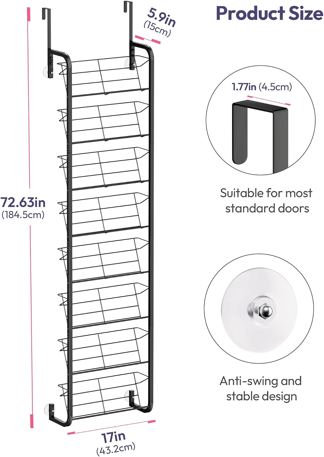 SWTYMIKI Over the Door Shoe Organizer - 8 Tier Wall Mount Shoe Rack for Door Storage- Heavy Duty Metal Hanging Shoes Shelf for Flats, Heels, Sneakers, Boots Black