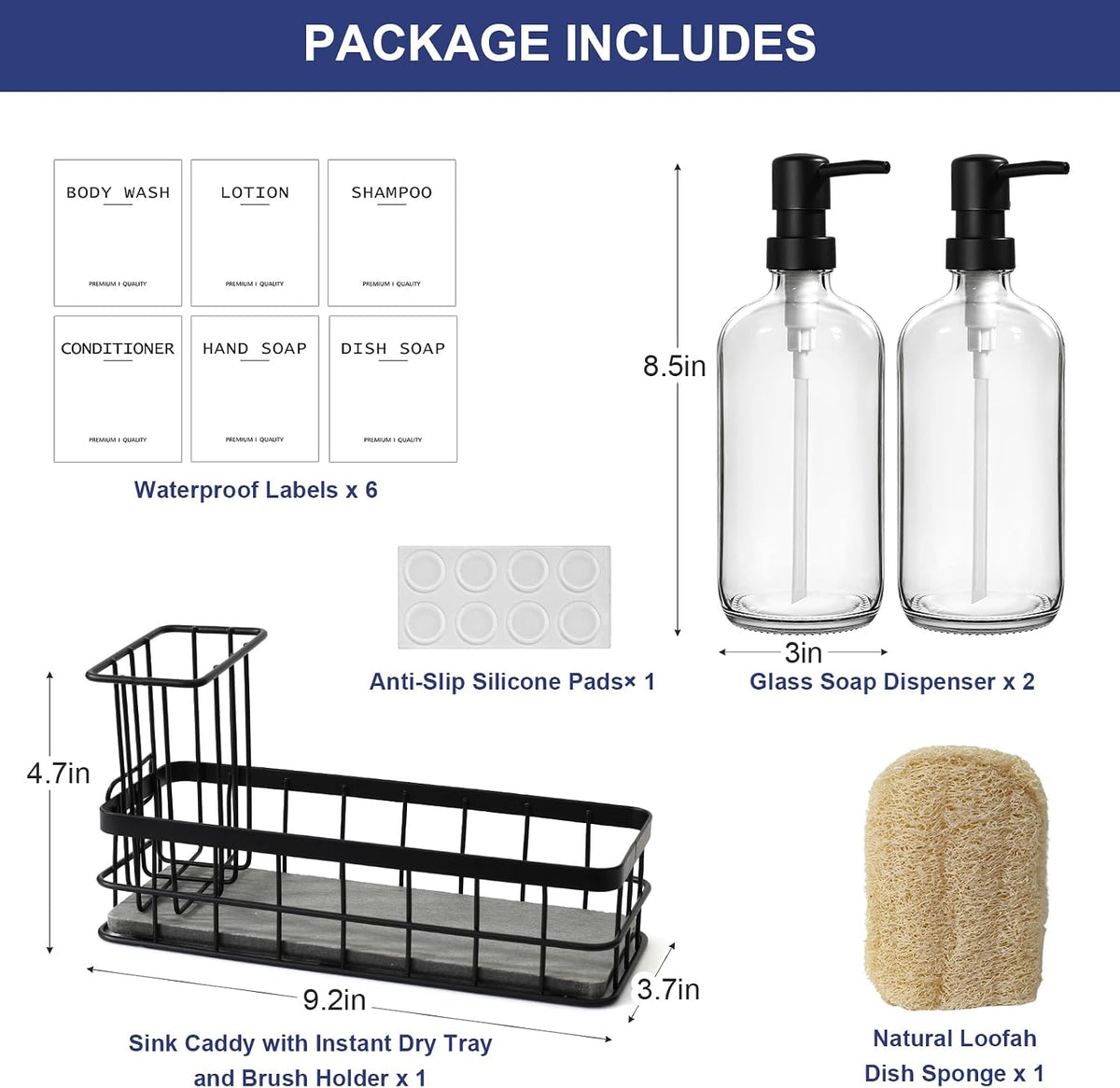 Dish Soap Dispenser for Kitchen, 16.9 fl oz Clear Hand and Dish Soap Dispensers, Kitchen Soap Dispenser Set with Sponge Holder, Brush Holder and Loofah Sponge, Countertop Sink Organizer Accessories