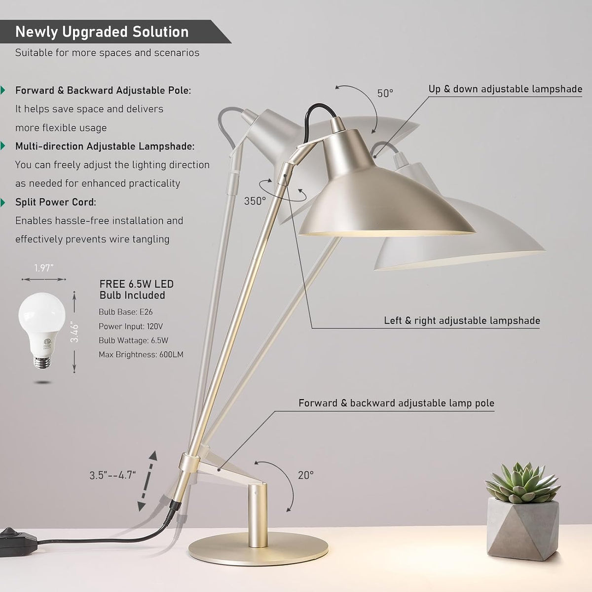 Desk Lamp Modern Industrial 100% Metal Adjustable Table Lamp 24", Natural Light (4000K) with Dimmer, Ideal for Office Bedroom Study Room Living Room Nightstand Bedside Lamps Nickel