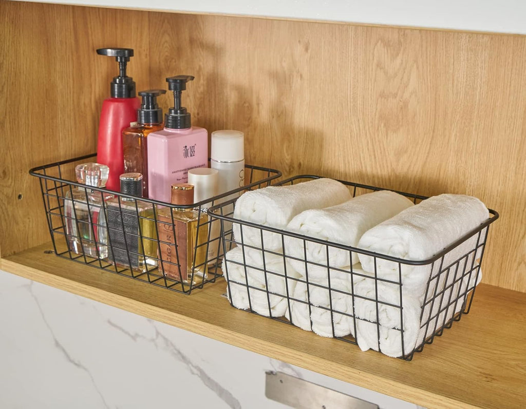 JUNCHU CHERRY Wire Kitchen Storage Basket 4 Packs,Perfect Pantry Organization Accessories Baskets,Laundry Basket,Countertop Organiztion,Suitable for Kitchen,Bathroom,Bedroom,Tabletop,Stackable,Silver