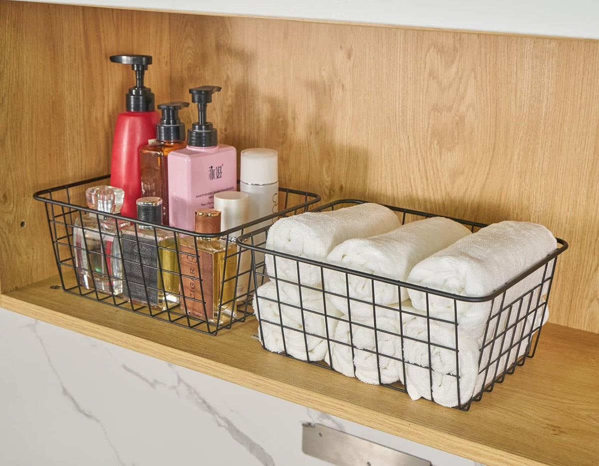 JUNCHU CHERRY Wire Kitchen Storage Basket 4 Packs,Perfect Pantry Organization Accessories Baskets,Laundry Basket,Countertop Organiztion,Suitable for Kitchen,Bathroom,Bedroom,Tabletop,Stackable,Silver