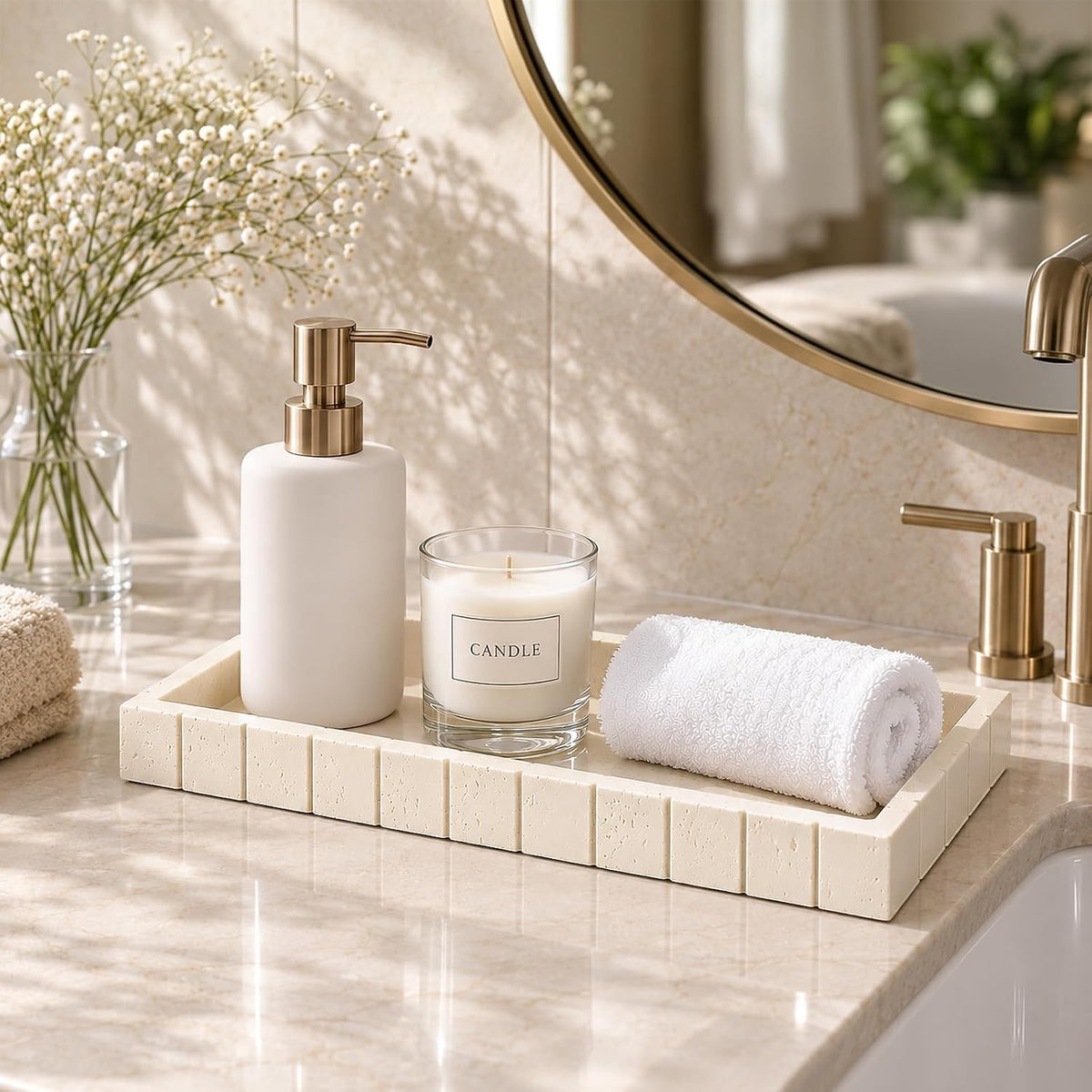 Decorative Bathroom Tray for Counter Stone Perfume Tray for Vanity, Beige