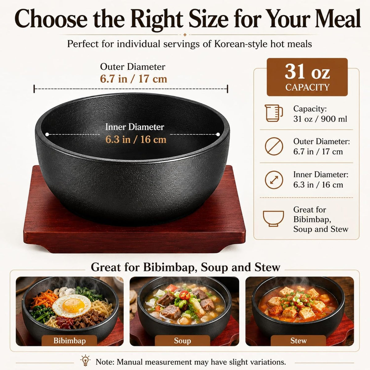 XICHENGSHIDAI Cast Iron Dolsot Bibimbap Bowl, 31 Oz, Wooden Base