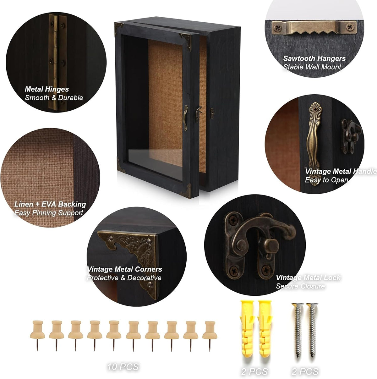 Shadow Box Frame 12x16 with Glass Door, 4.7" Overall Depth Black Solid Wood Display Case with Removable 6-Grid Shelves, Vintage Metal Corner Guards, Handle & Lock, Extra Deep Shadow Box for Medals