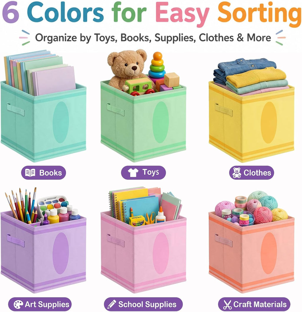 Glooglitter 6 Pack 11 Inch Crayon Fabric Storage Cube with Handles Pastel Collapsible Bin Classroom Must Have Foldable Colorful Closet Bin Basket for Nursery Classroom School Playroom Shelves