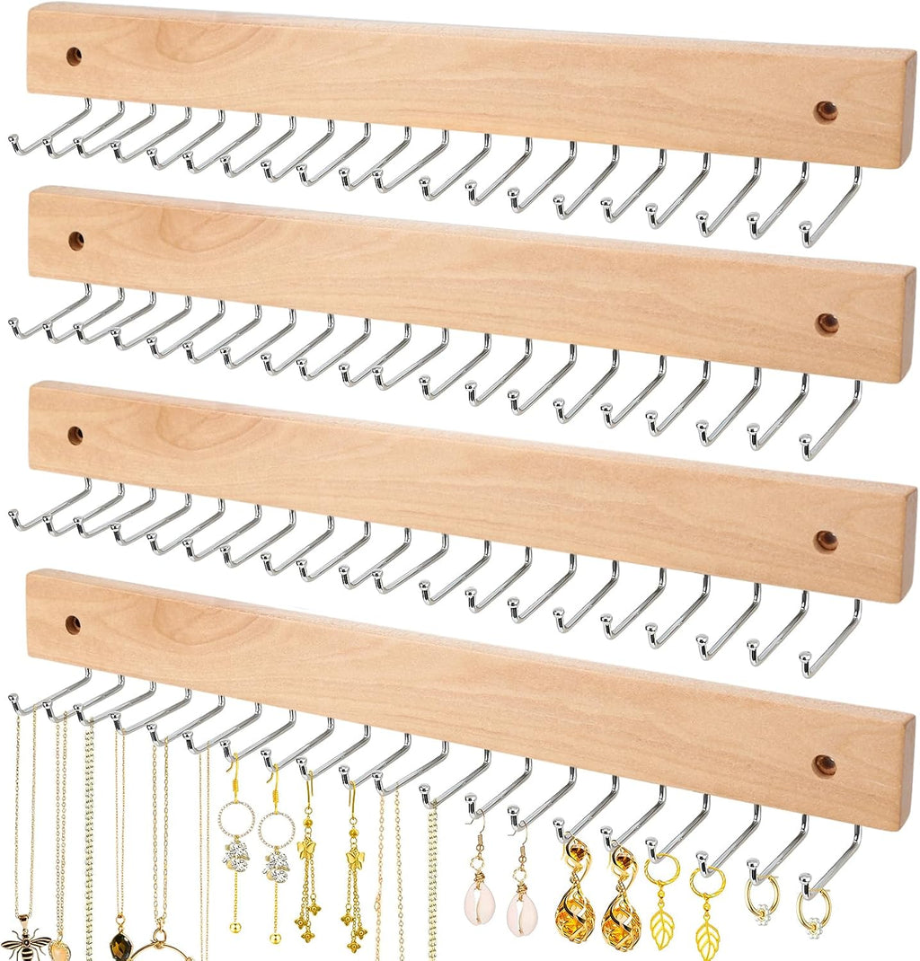 Necklace Holder Wall Mount 4 Pack, with 80 Hooks, Wooden, 36.5 x 3.6 cm
