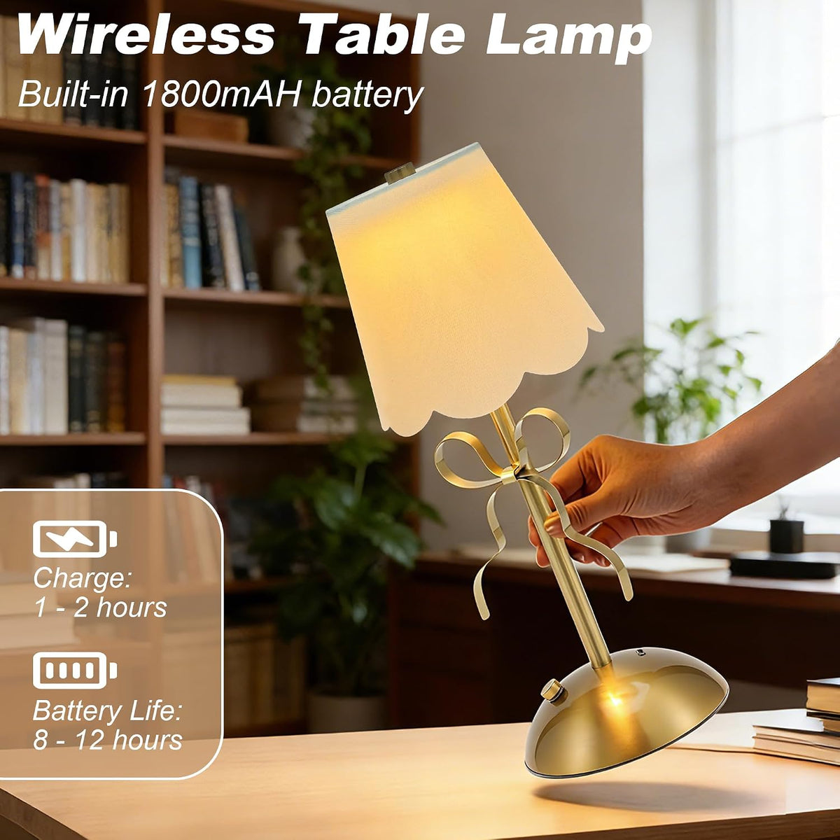 Cordless Small Table Lamp,Cute LED Desk Lamp,Gold Bow Lamp