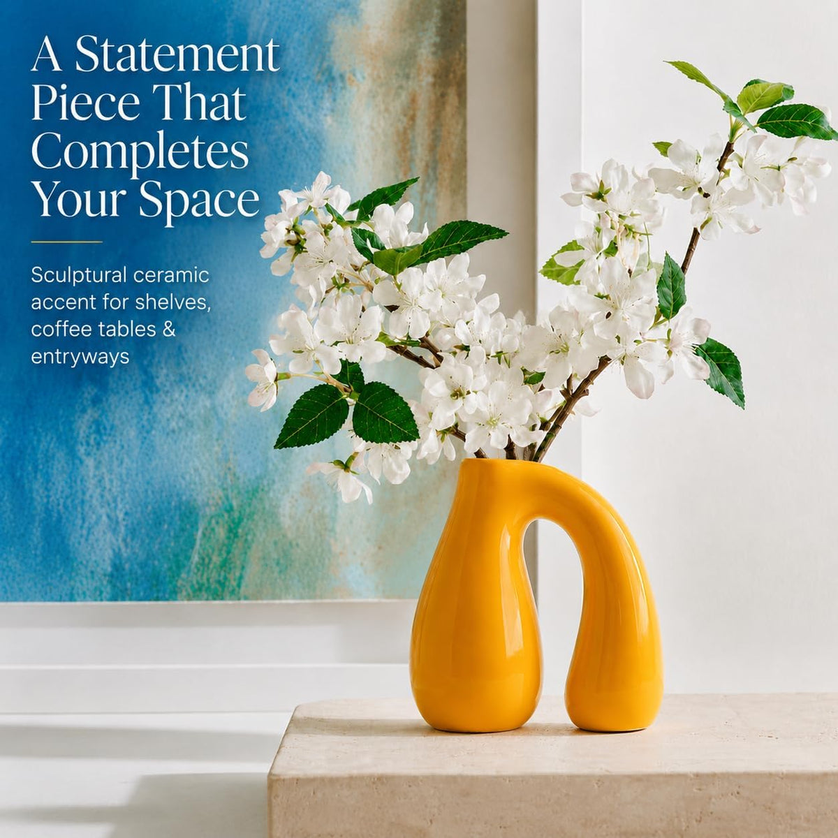 Yellow Ceramic Vase for Pampas, Boho Shelf & Table Decor