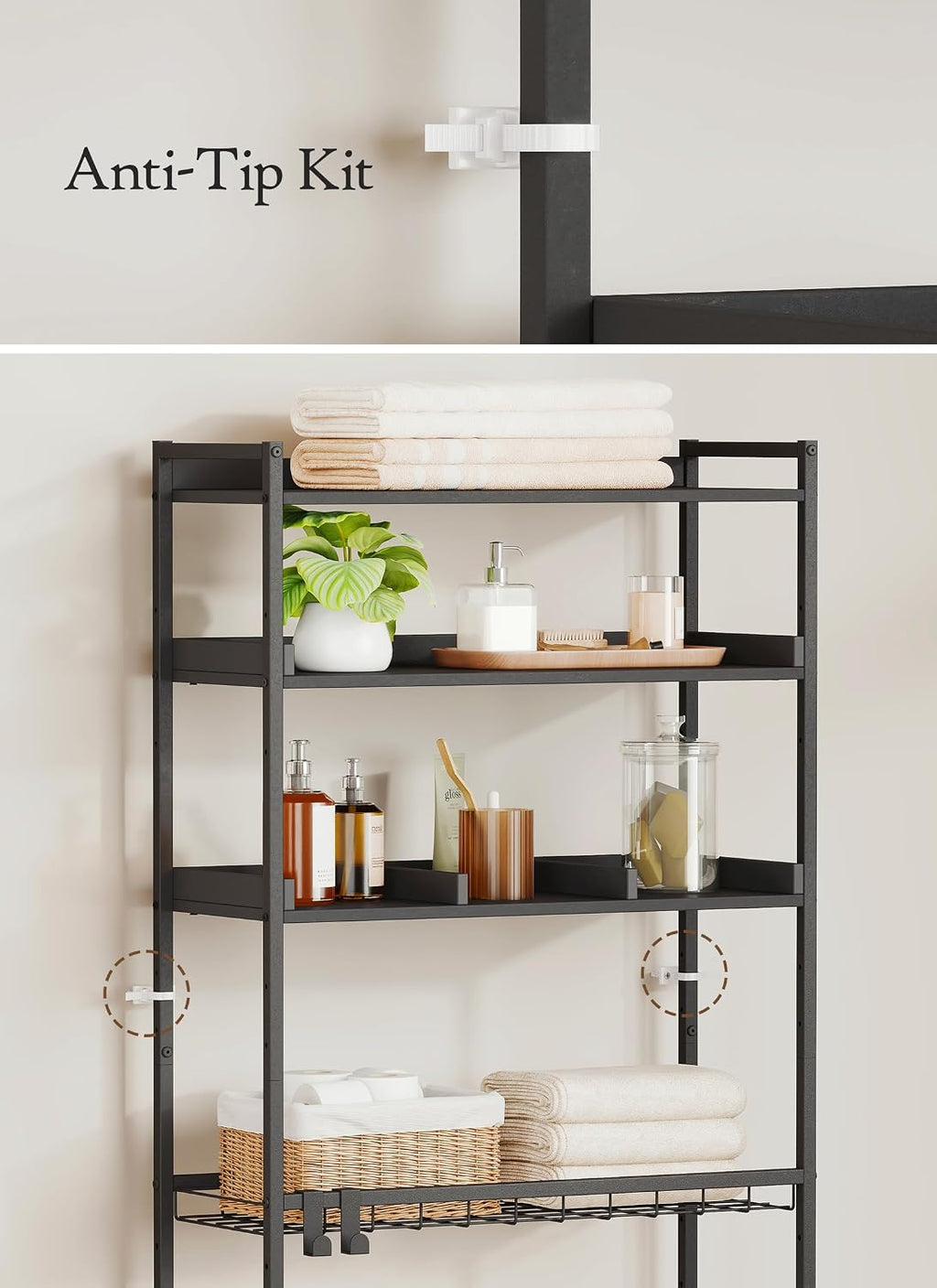 Quikraen 4 Tier Over The Toilet Storage Shelf with 3 Adjustable Shelves, Space Saver Bathroom Organizer with 4 Hooks, Freestanding Above Toilet Rack for Restroom Laundry (Black)