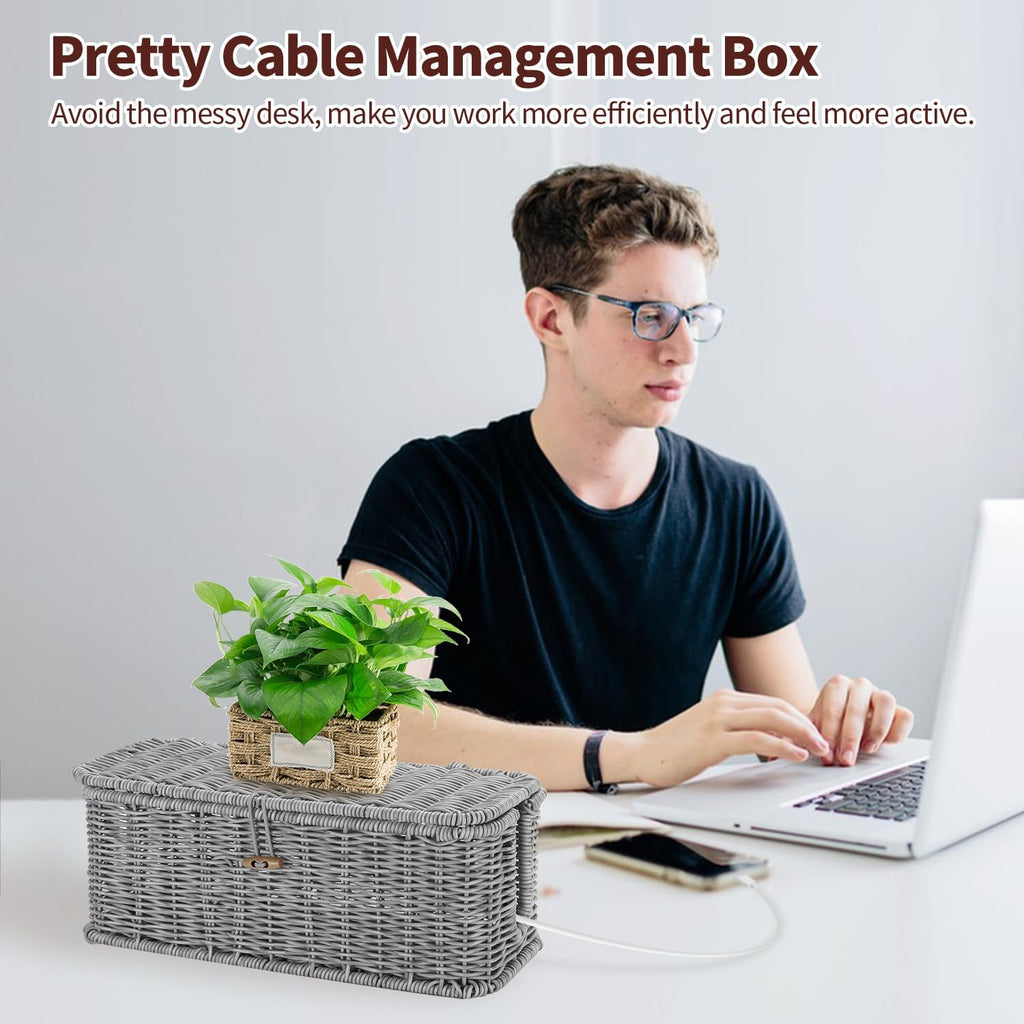 Cable Management Box, Desk Handwoven Rattan Cord Hider Cable Organizer Box With Lid Button Lock, Power Strip Cover Wicker Decorative Basket, Floor Wire Hiding Extension Cord Box (grey)