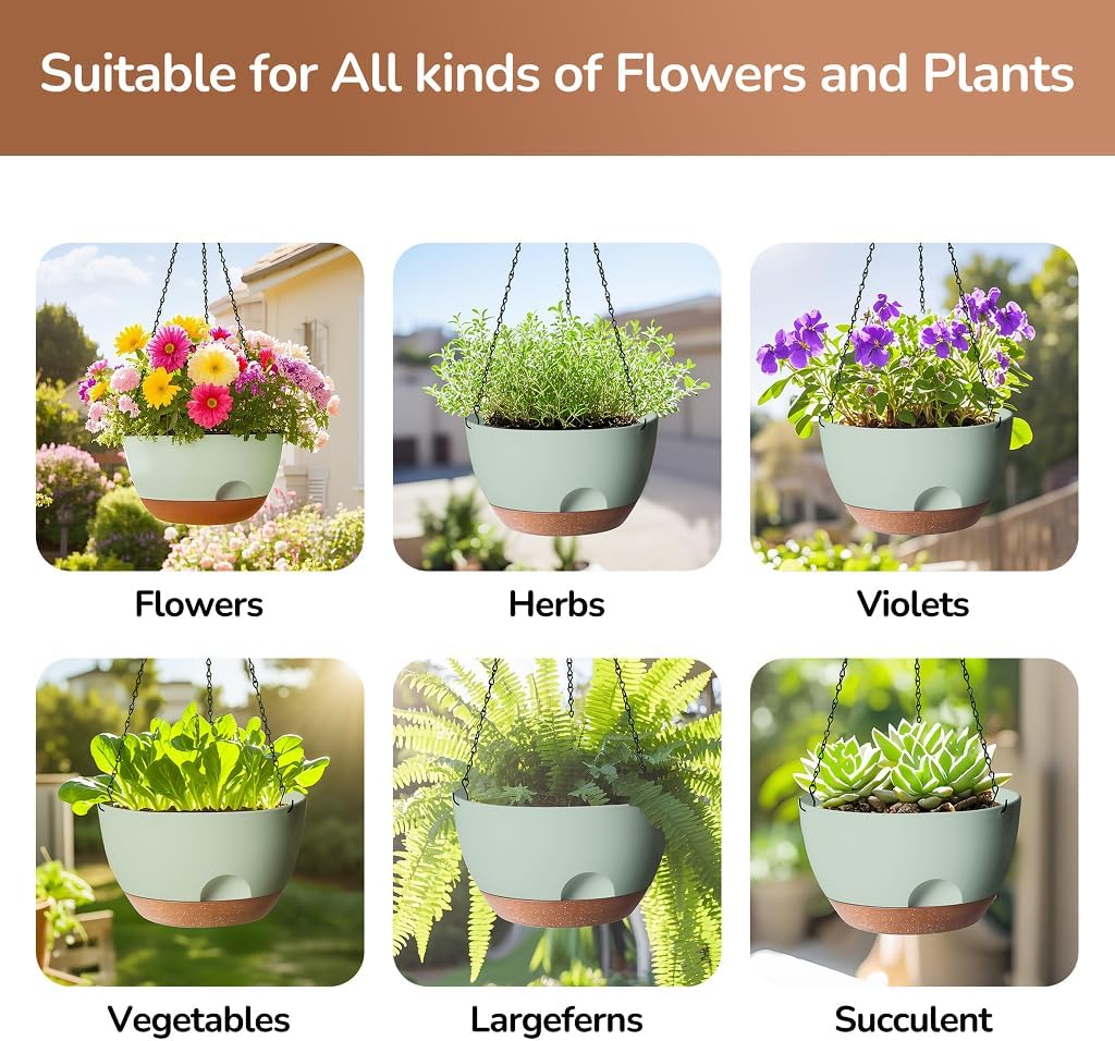 12 Inch Hanging Baskets for Plants Outdoor, Hanging Planters for Indoor Outdoor Plants, Hanging Planter with Self Watering, Hanging Flower Pots (Green)
