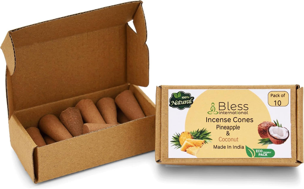 Bless International Pineapple and Coconut 100%-Natural-Incense-Cones Handmade-Hand-Dipped Organic-Chemicals-Free for-Purification-Relaxation-Positivity-Yoga-Meditation (10 Count)