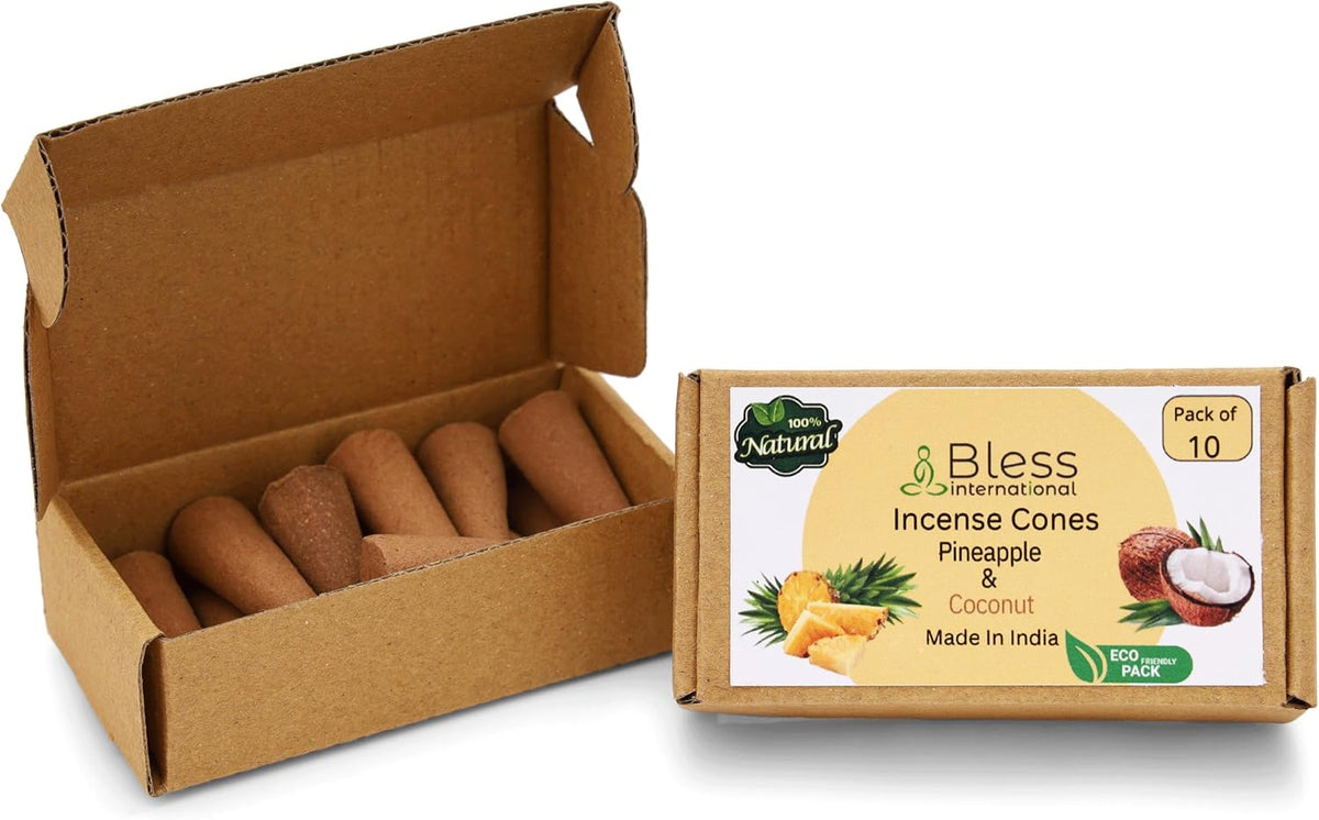Bless International Pineapple and Coconut 100%-Natural-Incense-Cones Handmade-Hand-Dipped Organic-Chemicals-Free for-Purification-Relaxation-Positivity-Yoga-Meditation (10 Count)