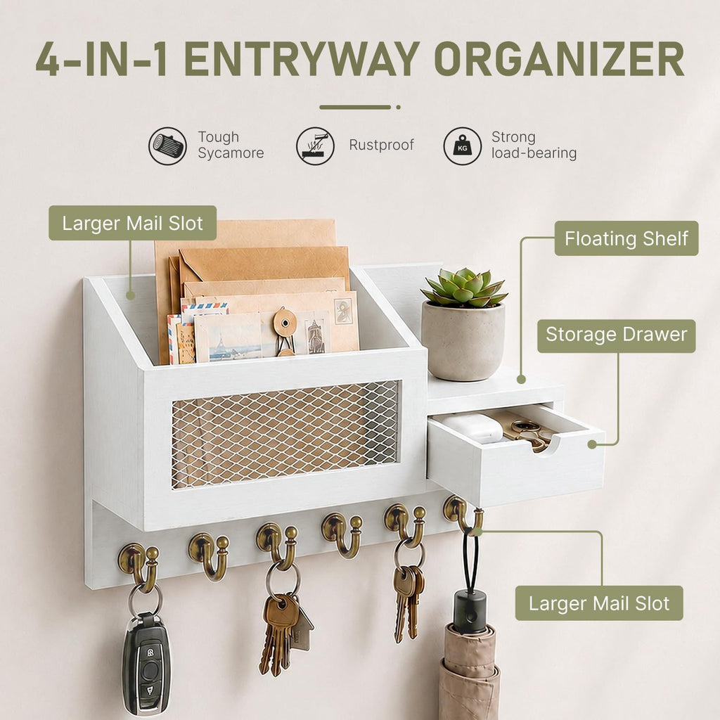 FifthQuarter Key Hanger Wall Mount with Drawer and 6 Sturdy Hooks, B-White