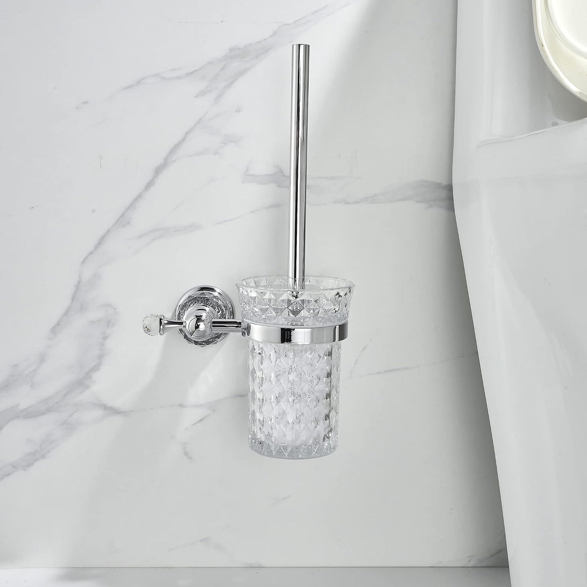 WOLIBEER Crystal Toilet Brush Holder, Chrome Toilet Cup Set with Polished Silver Brush Handle Wall Mounted for Bathroom - Decorative Design,Space Saving.