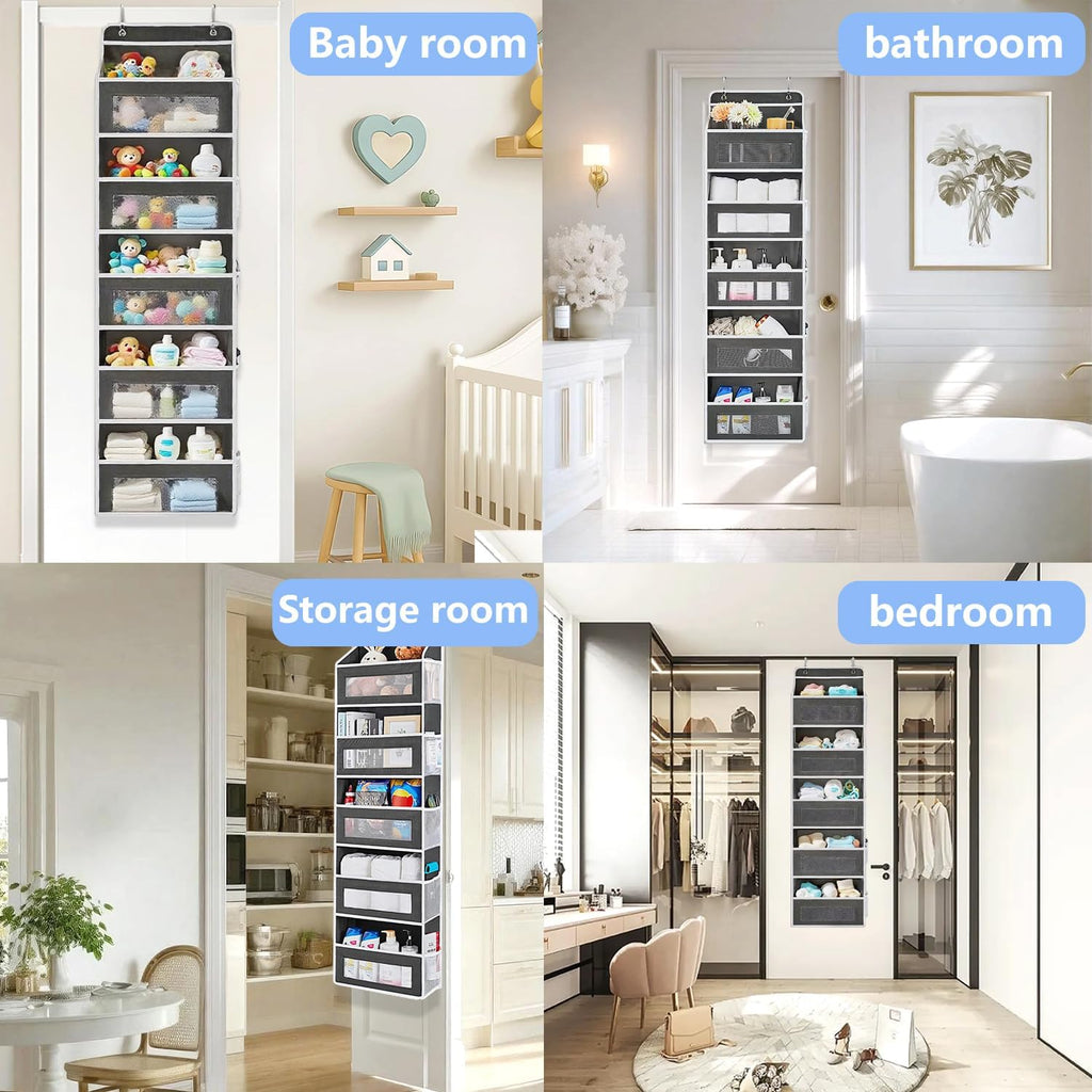 Over the Door Organizer with 5 Front Pockets and 5 Mesh Side Pockets, Extra Large Hanging Organizer for Storage in Bedroom, Bathroom, Pantry, Nursery, Black