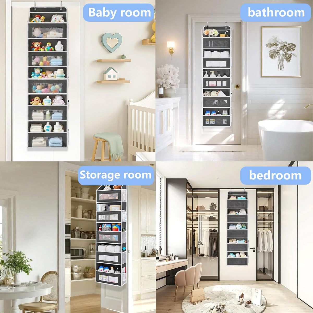 Over the Door Organizer with 5 Front Pockets and 5 Mesh Side Pockets, Extra Large Hanging Organizer for Storage in Bedroom, Bathroom, Pantry, Nursery, Black
