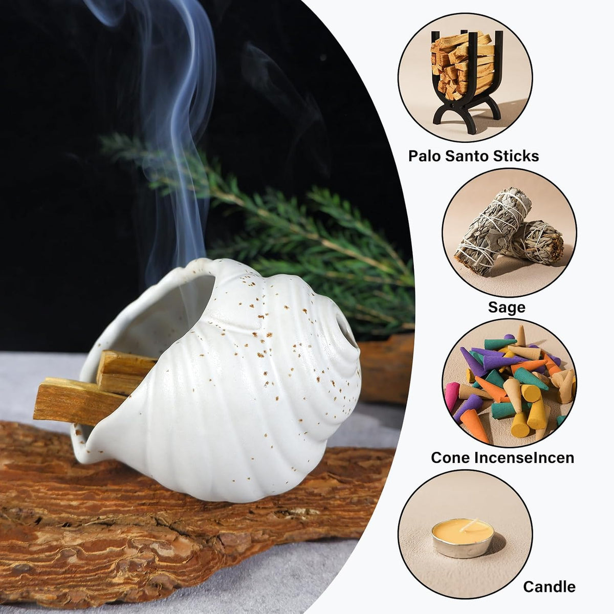 MOUGIGI Ceramic Conch Palo Santo Burner Holder - Mini Chiminea Incense
