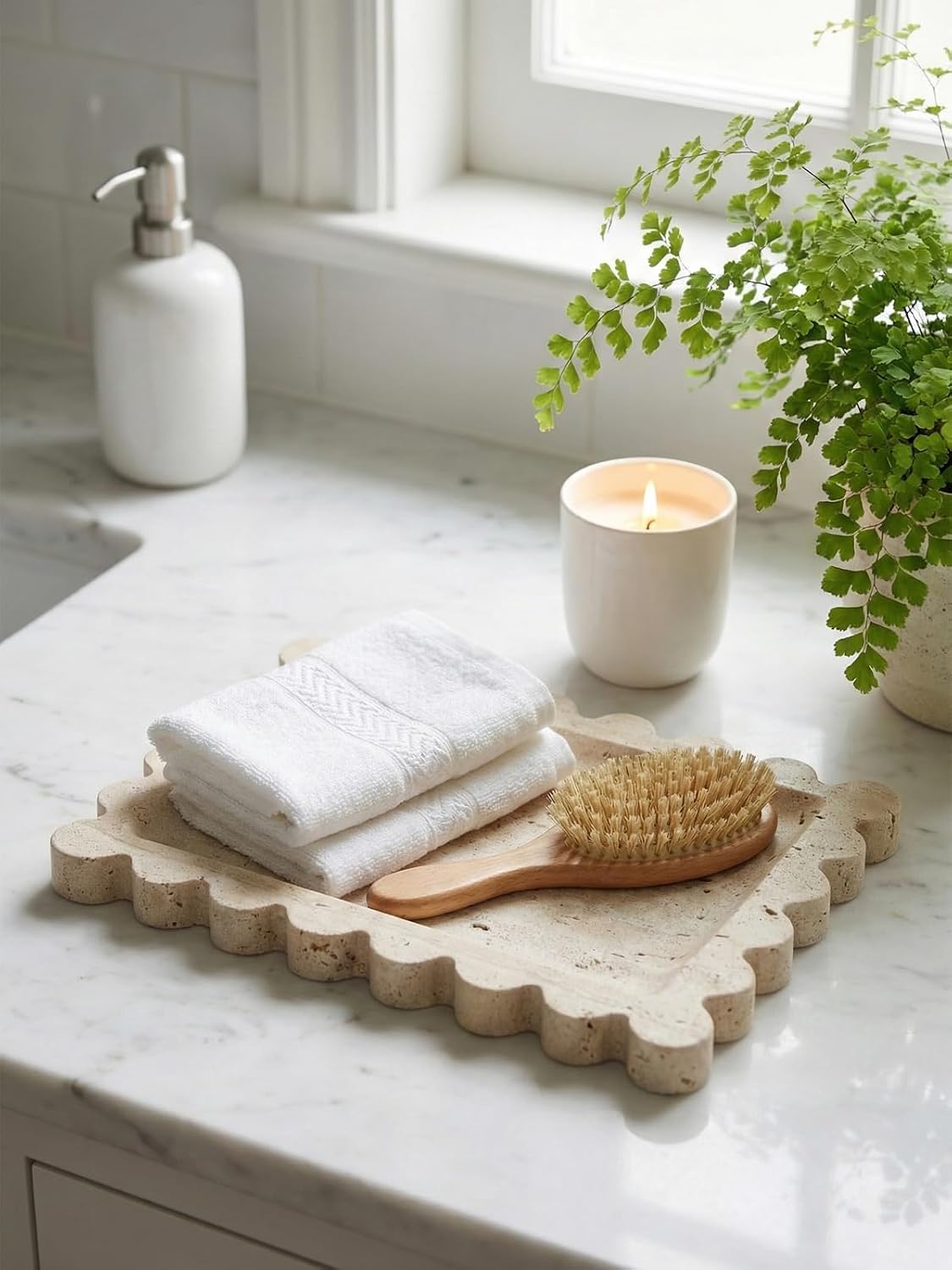 Denique Natural Travertine Tray with Scalloped Edge, 10.8x8 Rectangle Vanity Tray for Bathroom Kitchen Countertop, Beige Decorative Stone Storage Tray for Dresser Home Decor