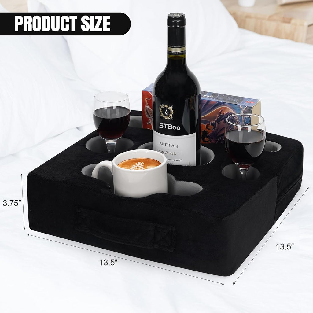 Couch Cup Holder Pillow Tray - Sofa Drink Cup Holder Cozy Buddy | Bed Caddy Organizer for Remote, Snacks Beverage, Phones, Tablet | Use it on Car, Pack, Beach, RV, Boat, Bedroom (Black)